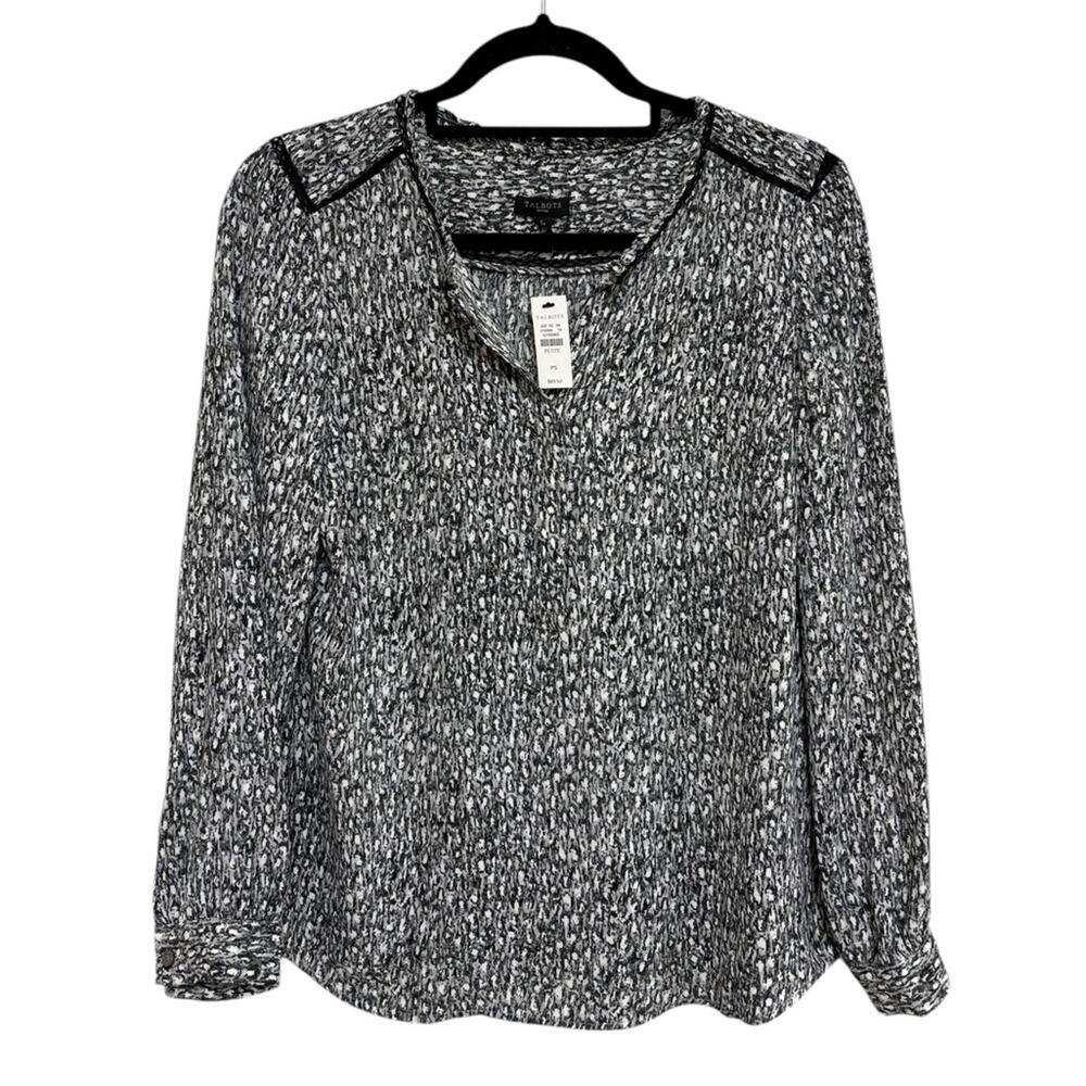 NEW Talbots Popover Blouse in Black and White Abstract Design - Size S Petite